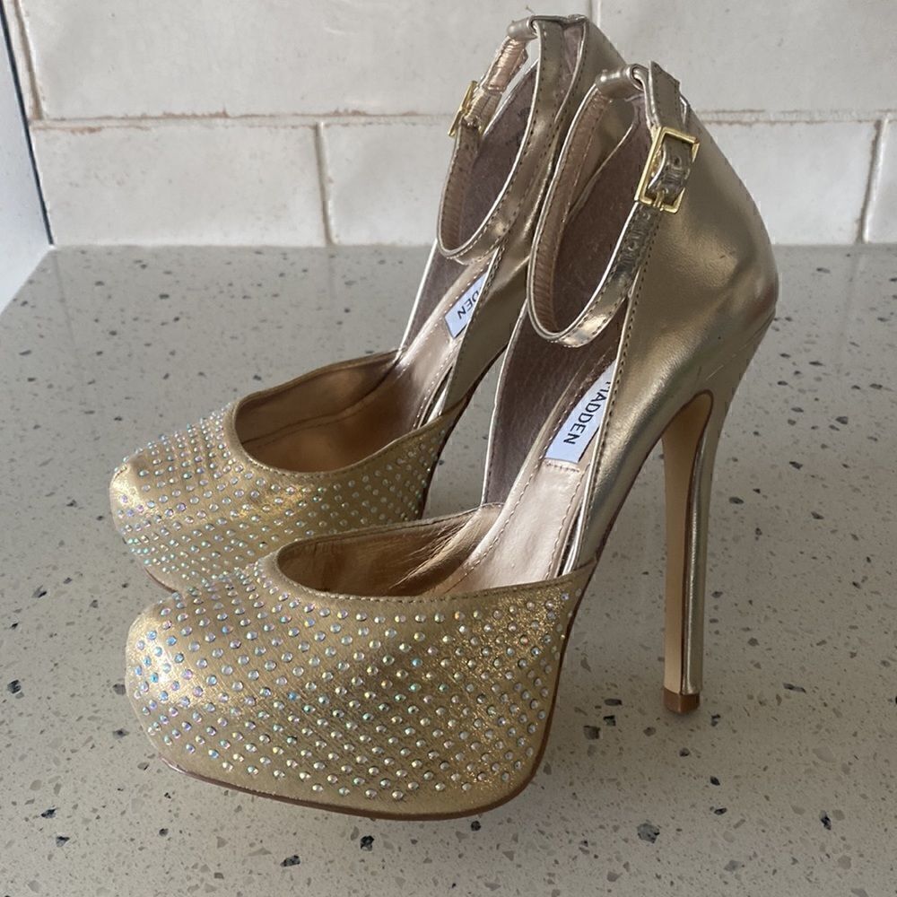 Steve Madden MEA Gold Bling Platform Stiletto Heels Ankle Strap Size Size 6